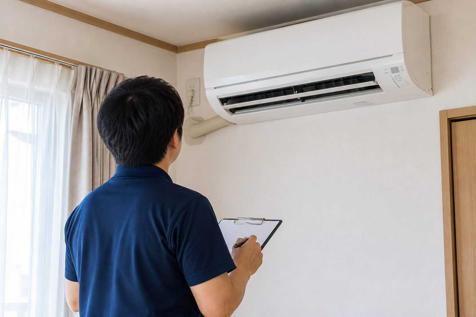 エアコンクリーニングスタッフが部屋のエアコン周辺の設置状況を確認している様子