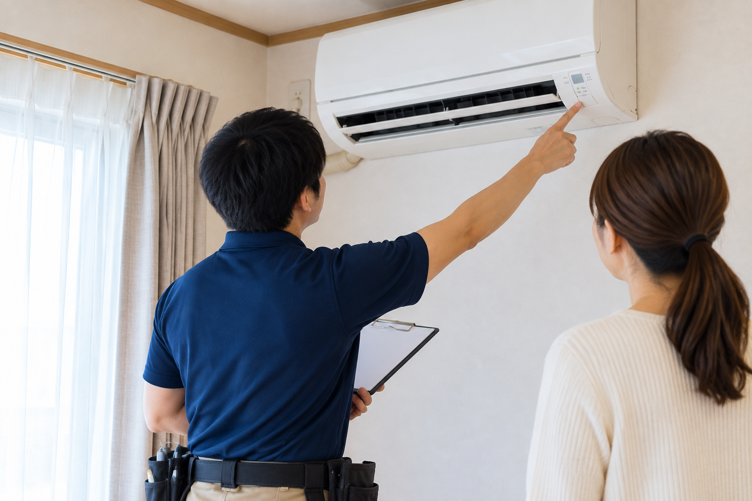 お客様立会いのもとエアコンの事前動作確認を行っている様子