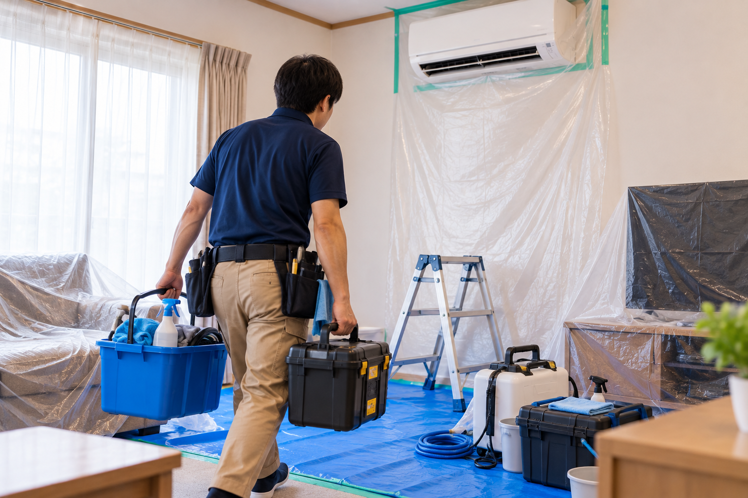 エアコンクリーニングスタッフが周辺を養生し道具を搬入している様子