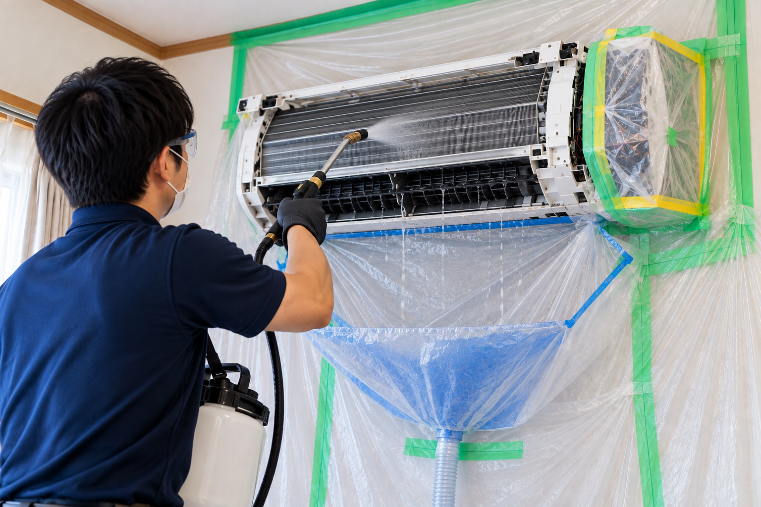 専用洗剤を使用してエアコン内部を洗浄している様子