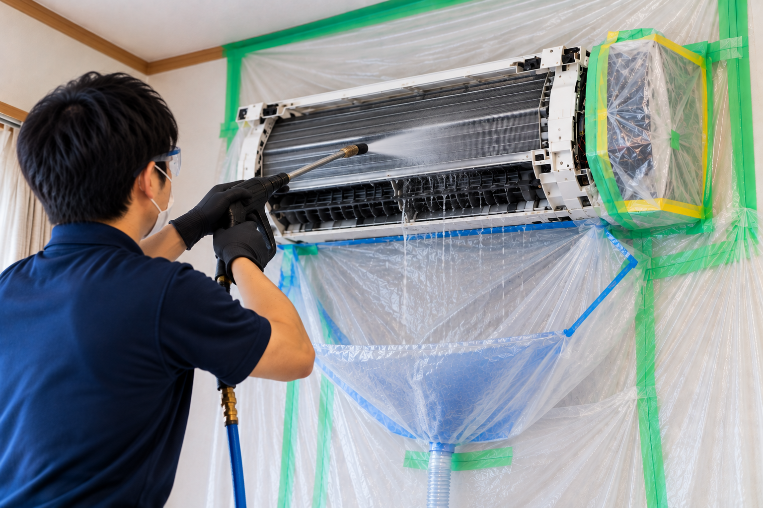 高圧洗浄機でエアコン内部をきれいに水洗いしている様子