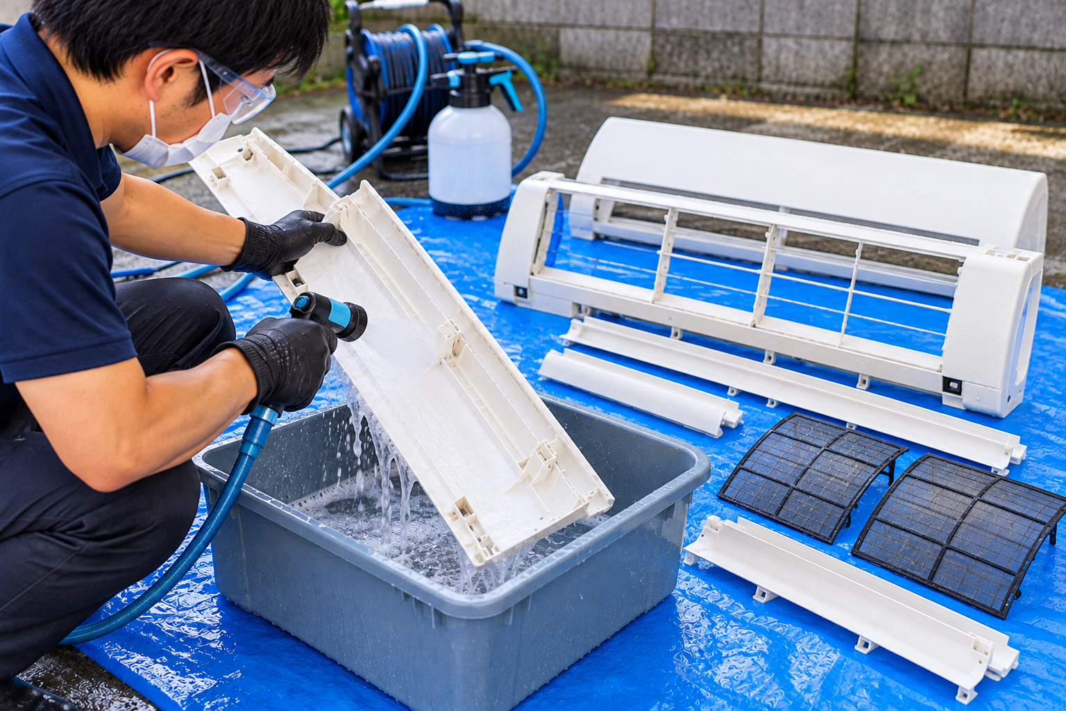 エアコンから取り外したパーツをきれいに洗浄している様子