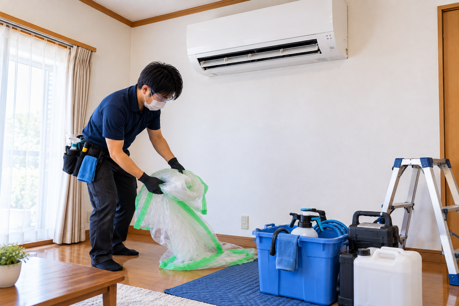 周辺の養生を回収しエアコンクリーニングの道具類を撤去している様子