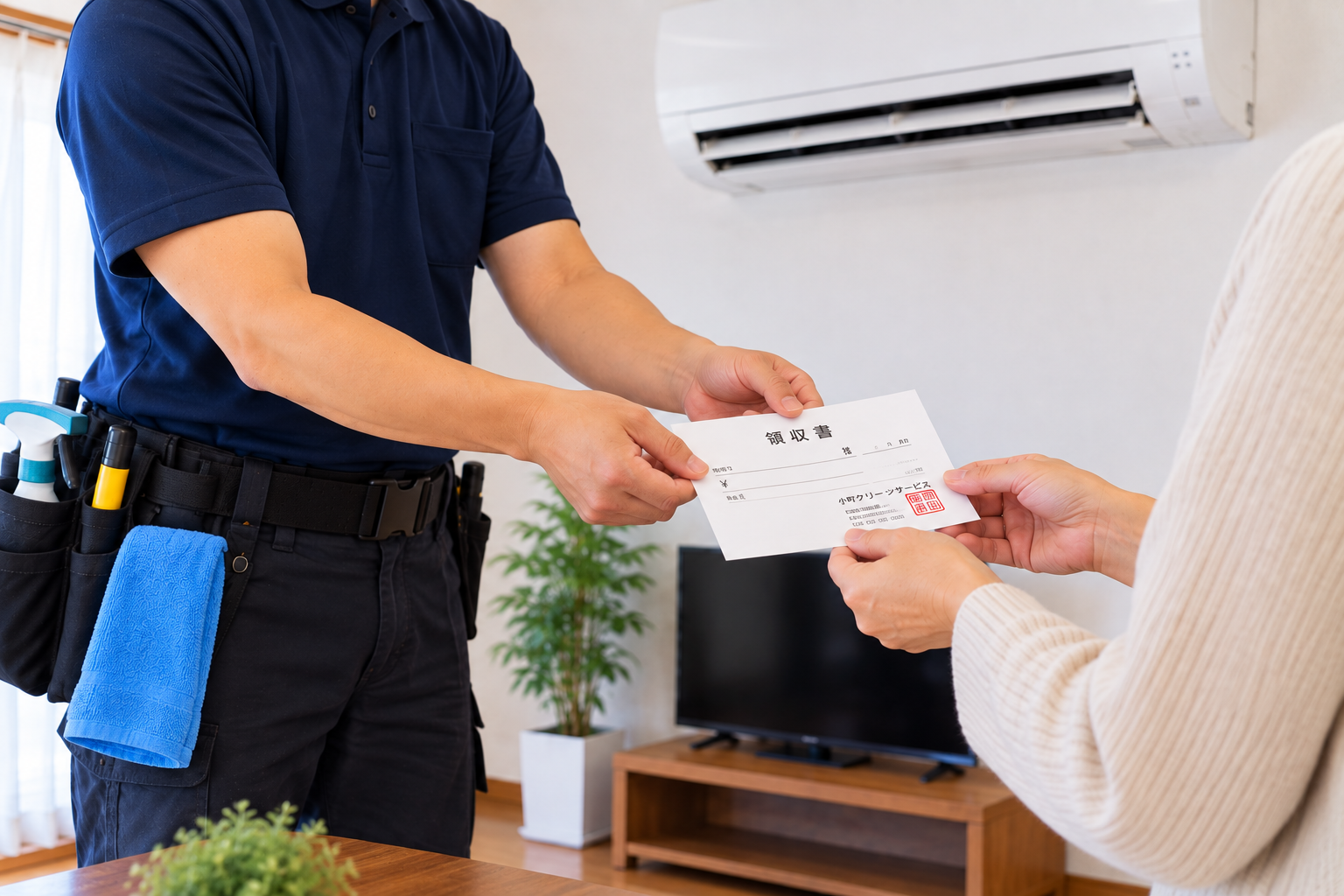 お客様からお支払いを受け領収書をお渡しして作業を終了する様子